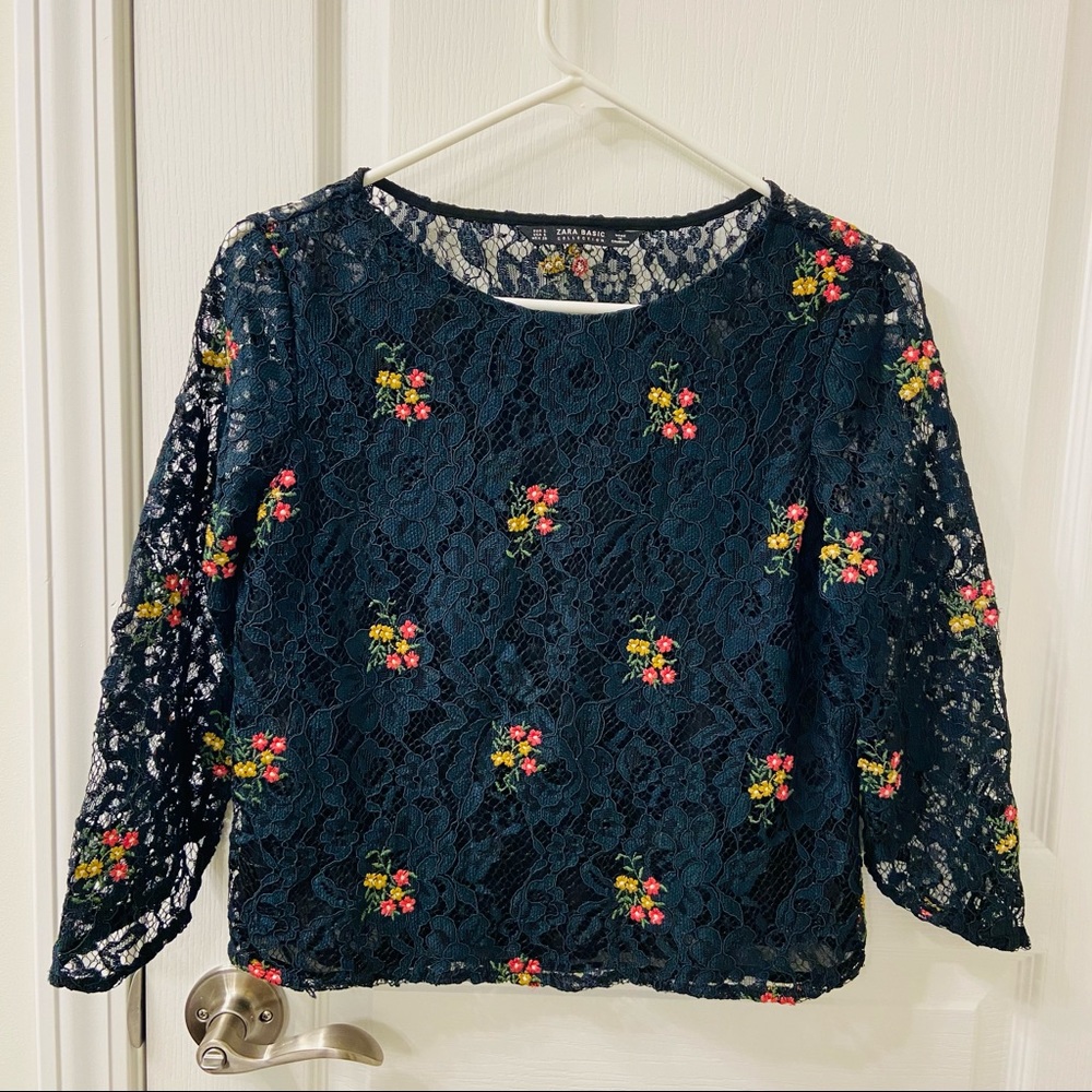 Zara Basics Collection Dark Forest Green Floral Lace Blouse Size S NWOT